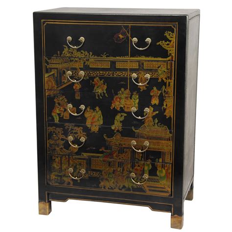 Oriental Furniture Black Lacquer Village Life Five Drawer Chest Ebay