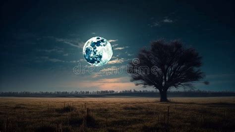 Fantastic Night Landscape Of A Field With Trees By A Large Full Moon