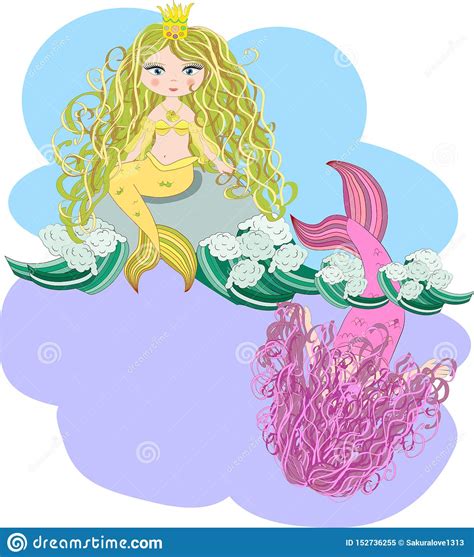 Cartoon Beautiful Little Mermaid In A Wreath Siren Sea Theme