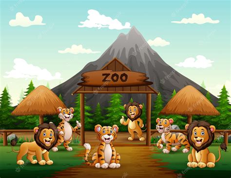 Мультяшные львы и тигры играют у входа в зоопарк Премиум векторы