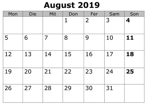 Stile Kalender August 2019 Zum Ausdrucken August August 2019