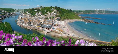 Looe Panorama Beach River Harbour Town From West Looe Caradon South