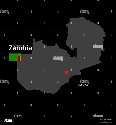 Detailed Map Of Zambia And Capital City Lusaka With Flag On Black
