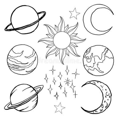 Vector Black Set Of Planets Sun And Moon Signs Hand Painted Abstract