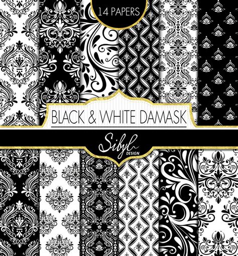 White And Black Damask Digital Paper Damask Collage Sheet Floral