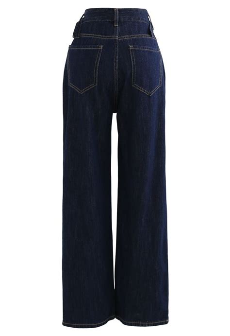 Belted Wide Leg Pocket Jeans In Navy Retro Indie And Unique Fashion