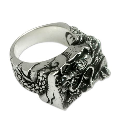 Mens Sterling Silver Dragon Ring Ancient Dragon Novica