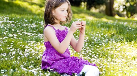 Gadis Kecil Yang Lucu Sedang Duduk Di Ladang Bunga Putih Mengenakan