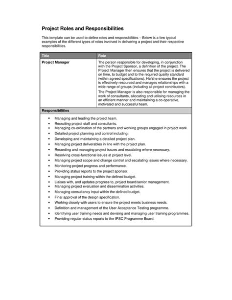 Project Team Roles And Responsibilities Template