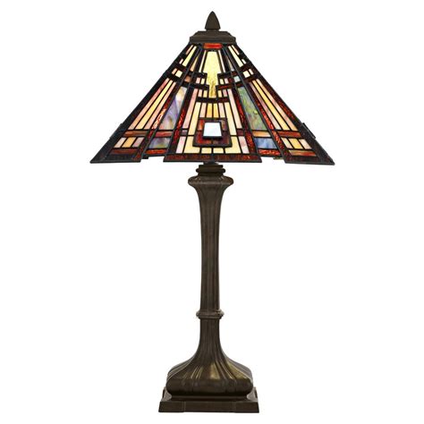 Tiffany Glass Table Lamp Bronze Base With Geometric Patterned Shade