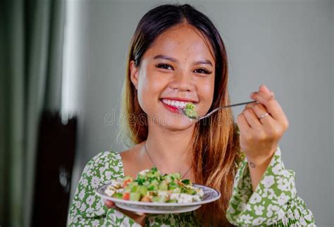 Beautiful Young Asian Woman Eating Healthy Mediterranean Food Smiling Happy Girl Eating Greek