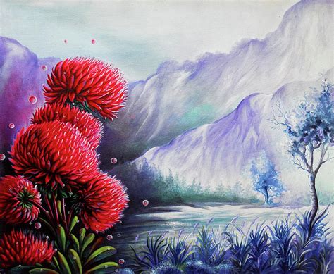 Beautiful Scenery The Red Flowers Drawing By Asp Arts