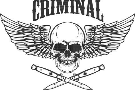 Winged Skull With Crossed Knives Design Element For Logo Label