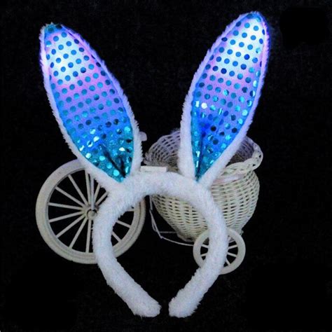 Led Light Up Sequin Bunny Rabbit Ears Headband Flashing Hairbands Rave