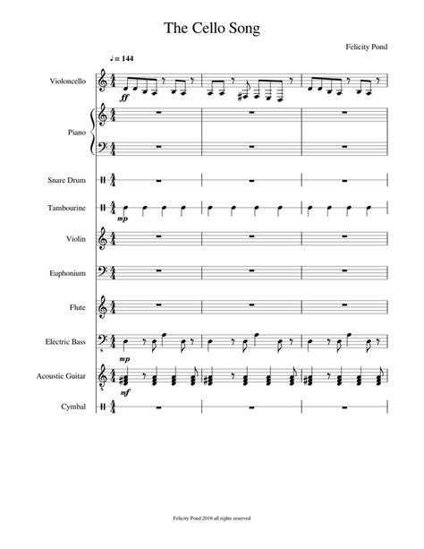 The Cello Song Sheet Music For Piano Violin Flute Cello Snare Drum