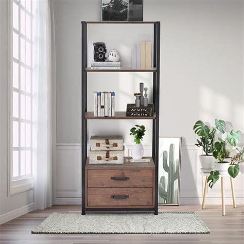 Bookcase With 2 Drawers Vintage Industrial 4 Tier Etagere Bookshelf