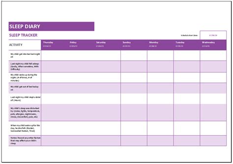 child sleep diary template  excel printable medical