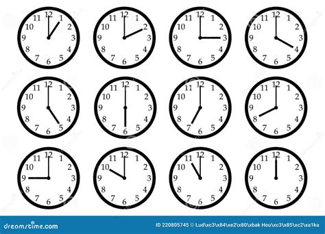 Set Of 12 Clock Icons Showing Different Times Stock Illustration
