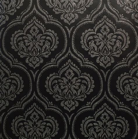 Damask Wallpaper Glitter Sparkle Shimmer Modern Black Silver Luxury