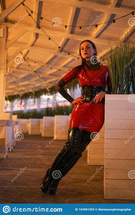 brave girl in latex walks in public and shows her exhibitionism stock image image of latex