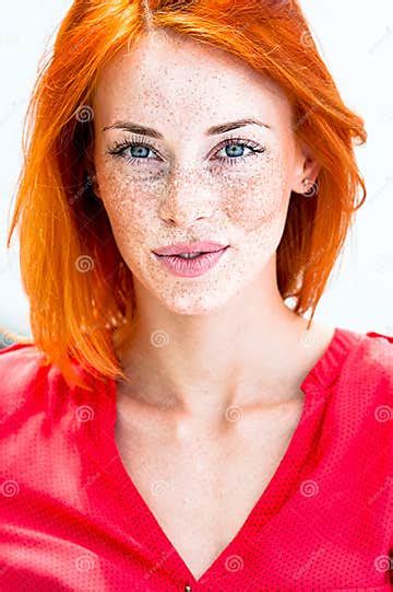beautiful redhead freckled woman smiling seductive biting lips stock image image of female