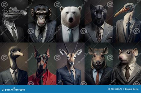 Set Of Portraits With Animals In A Business Suits At The Studio Stock