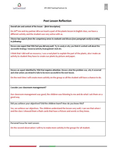 Post Lesson Reflection Template