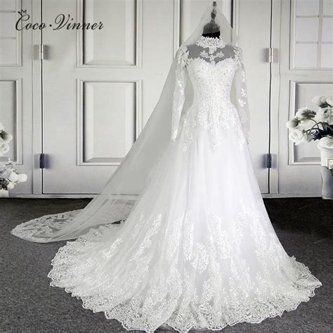 Cv New High Neck Illusion Lace Wedding Dresses 201 Ball Gown Mousseline Long Sleeve Vintage
