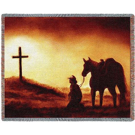 Praying Cowboy Woven Throw Blanket A Richly Colored Sunset And A