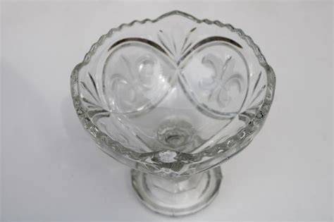 Crystal Clear Pressed Glass Compote Bowl French Fleur De Lis Frosted Design