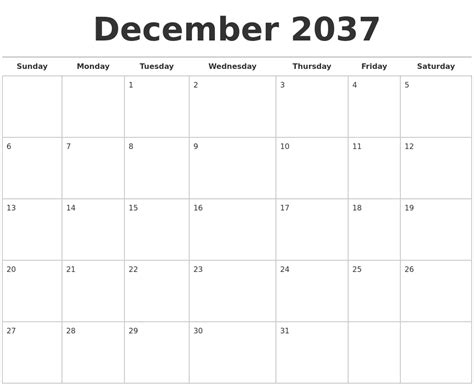 December 2037 Calendars Free
