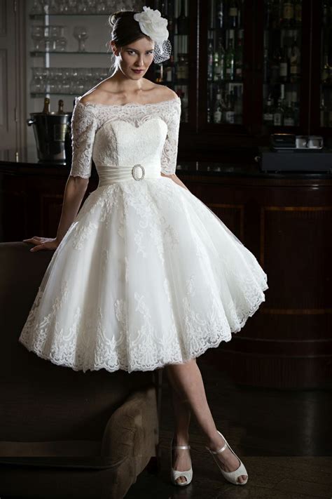 Lace Off Shoulder 50s60s Style Short Wedding Dress From