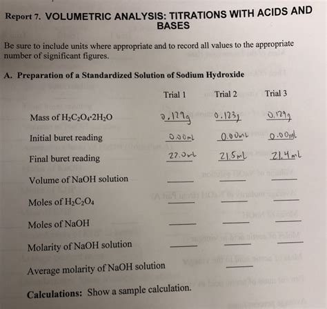 Solved Report 7 VOLUMETRIC ANALYSIS TITRATIONS WITH ACIDS Chegg Com