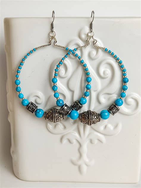 Turquoise Seed Bead Hoop Earrings Beaded Blue Jewelry Etsy In