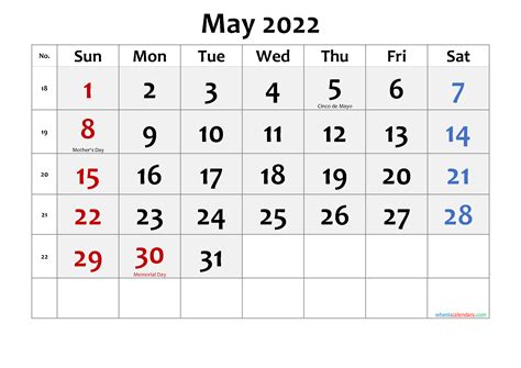 Free Printable May 2022 Calendar With Holidays