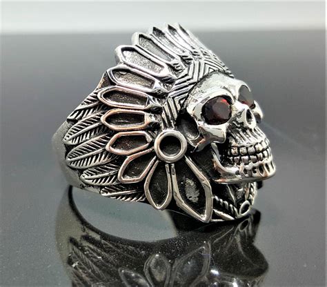 American Indian Skull Tribal Chief Warrior Sterling Silver Ring