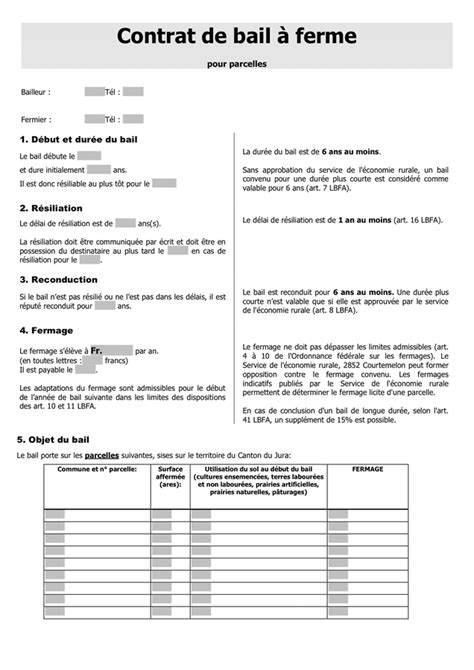 Contrat de bail à ferme pour parcelles Suisse DOC PDF page 1 sur 4