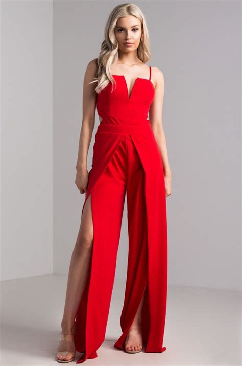 Front View Mikayla Jumpsuit In Red Prom Outfits For Girls Pants