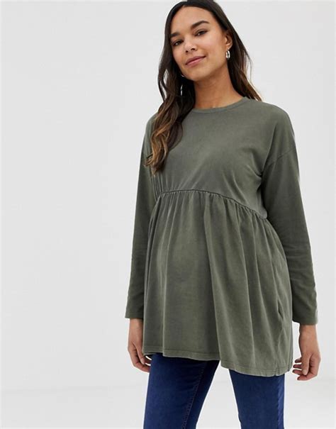 Asos Design Maternity Smock Top With Long Sleeve In Wash Asos