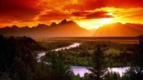 Red Sky Sunlight Sunset Curve River Pine Forest Rocky Mountain Peaks
