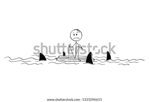 cartoon stick figure drawing conceptual illustration of lonely man or castaway sitting lost and