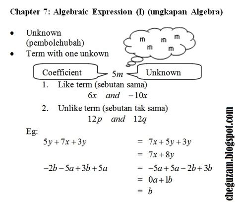 Sebarang persoalan, keraguan, cadangan dan pendapat. Nota Matematik Tingkatan 1 | Bab 7 : Ungkapan Algebra ...