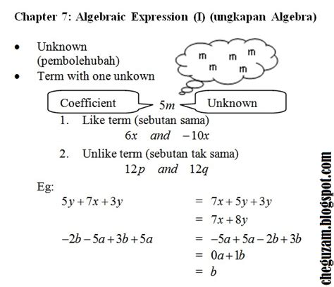 Persamaan linear tingkatan 2, soalan latihan sains tahun 6, soalan latihan 5 tahun, soalan latihan bahasa melayu tahun 3 latihan ithink and kbat math form 2 via www.slideshare.net. Nota Matematik Tingkatan 1 | Bab 7 : Ungkapan Algebra ...