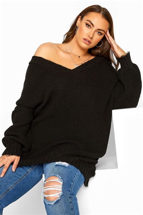 Black Distressed Oversized Knitted Jumper Yours Clothing