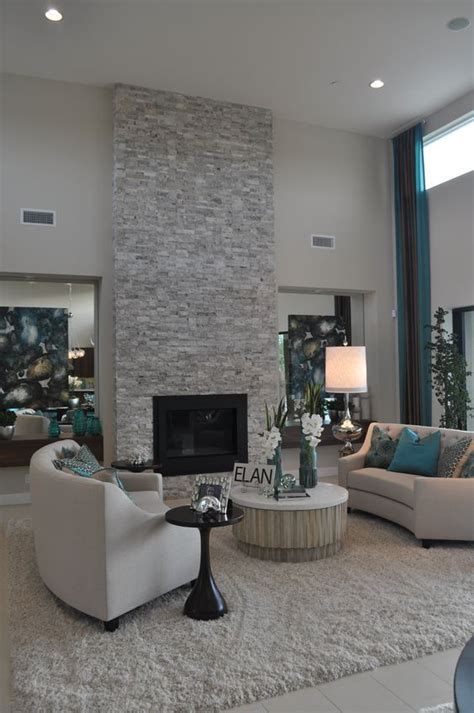 Contemporary Living Room With Floor To Ceiling Light Grey Stacked Stone