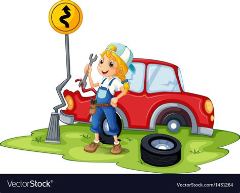 A Female Mechanic Fixing The Red Broken Car Vector Image
