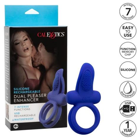 Silicone Rechargeable Dual Pleaser Couples Enhancer Cock Ring Blue