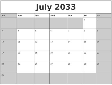July 2033 Calanders