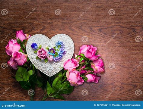 Handmade Heart Shape Box With Decoration Bouquet Of Roses On Wooden