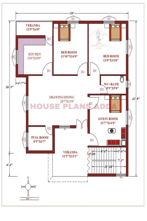 North Facing 3bhk House Plan 39 × 43 House Plan As Per Vastu Indian